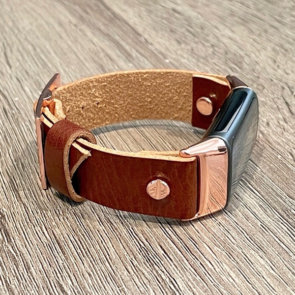 Brown Grain Leather Strap Fitbit Charge 5 Band Rose Gold Jewelry Women Bracelet - Picture 7 of 8